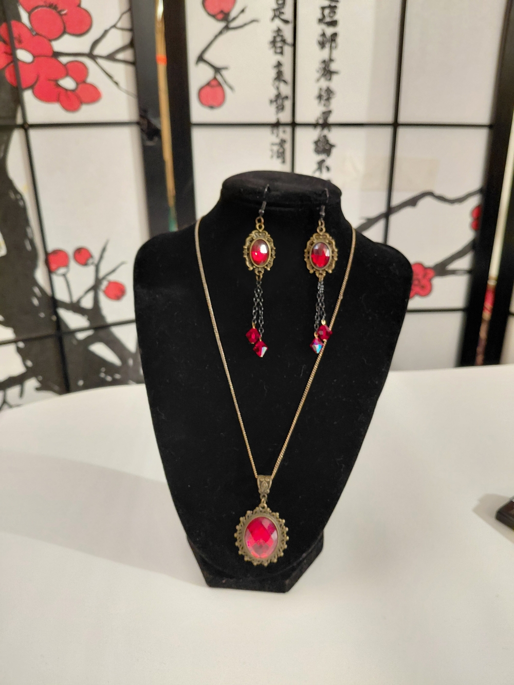 Hand Crafted Gold-Tone Necklace and Earrings Set with Red Stones